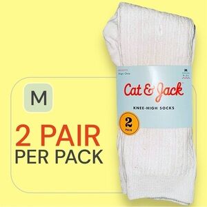 Cat & Jack Girls Casual Knee High Socks Size M (9-2.5) 2 pair white​​​ NWT​